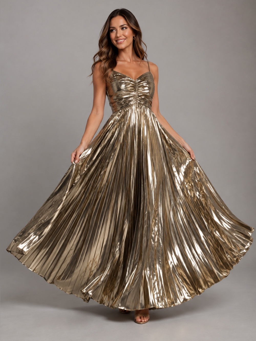 PETAL & PUP NAIRA PLEATED MAXI DRESS - GOLD SIZE 10 B1230